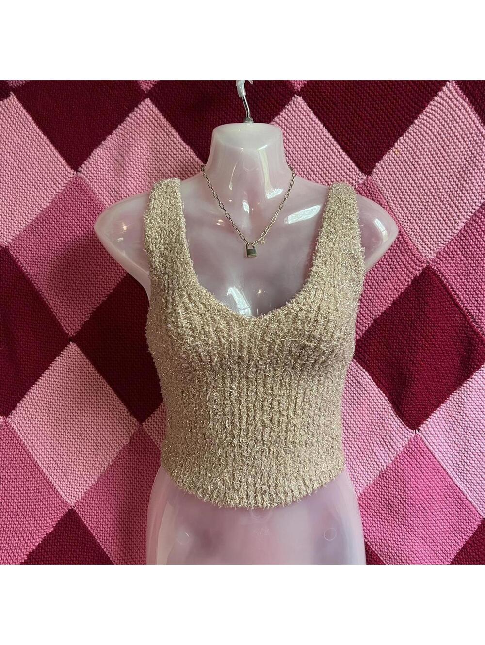 metallic gold fuzzy knit tank top